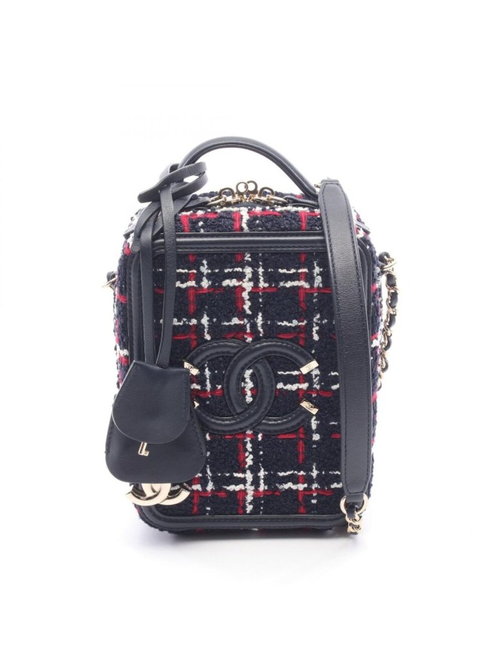 Chanel Shoulder Bag CC Filigree Navy Fabric Leather CC Quilted Vanity Mini Chain